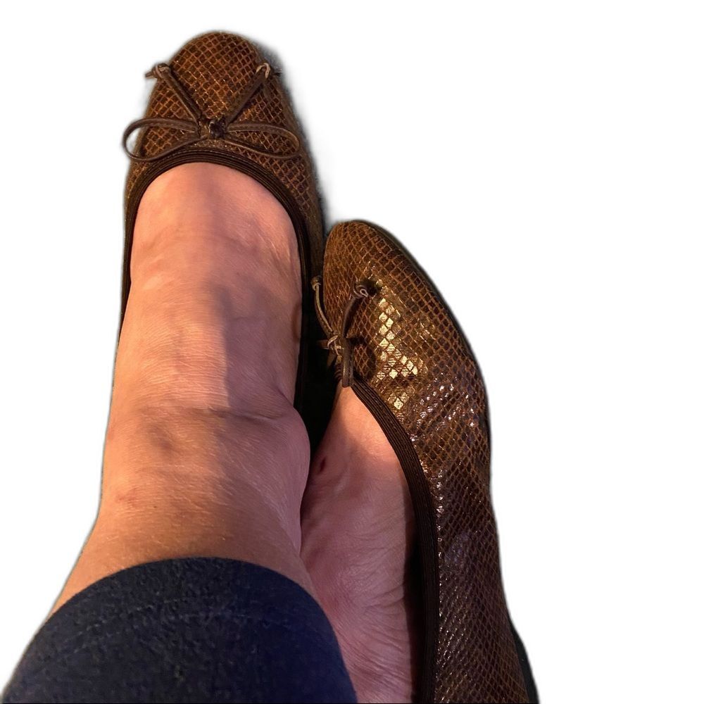 Sam & Libby Ballet flats, snakeskin browns, round toe, cord top bow, siz…